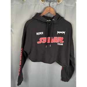 Justin Bieber Purpose Tour Cropped Hoodie Black "Stadium Tour" Graphic Print  L